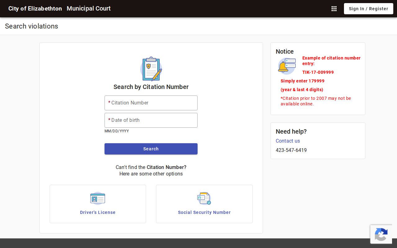 Carter County traffic warrant check through the Elizabethton municipal citation portal