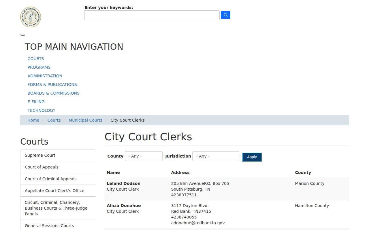 Carter County municipal warrant contacts in the Tennessee AOC city-clerk directory