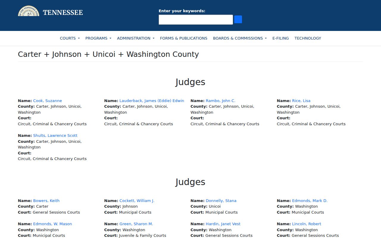 Carter County warrant search routing in the Tennessee First Judicial District directory