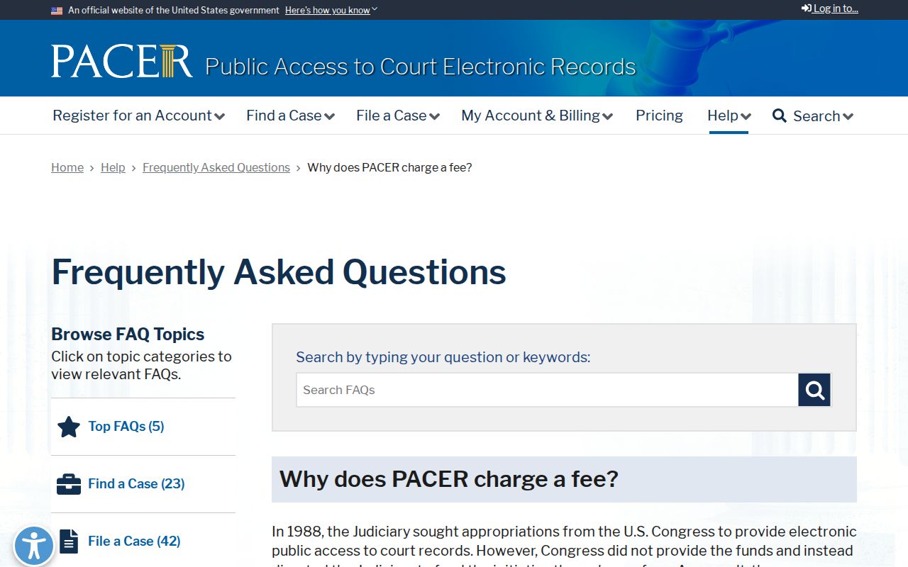PACER account fee guidance for federal docket access