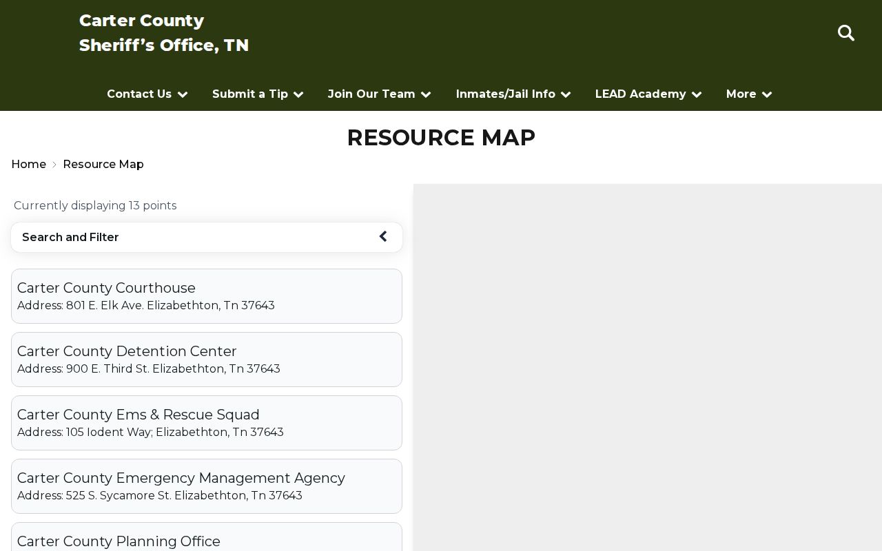 Carter County warrant records route map separating the courthouse, sheriff, and detention center
